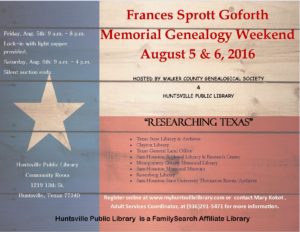 2016 Frances Sprott Goforth Memorial Genealogy Weekend