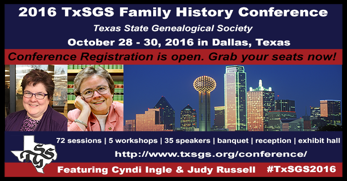 Promotional graphic for the TxSGS 2016 Family History Conference